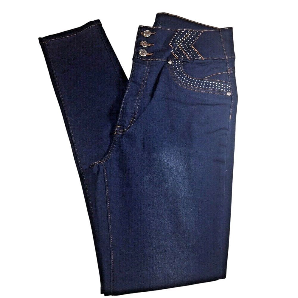 Danesi Jeans Women's Dark Blue Rhinestone Pockets Slim Fit Denim Stretch Size 15
